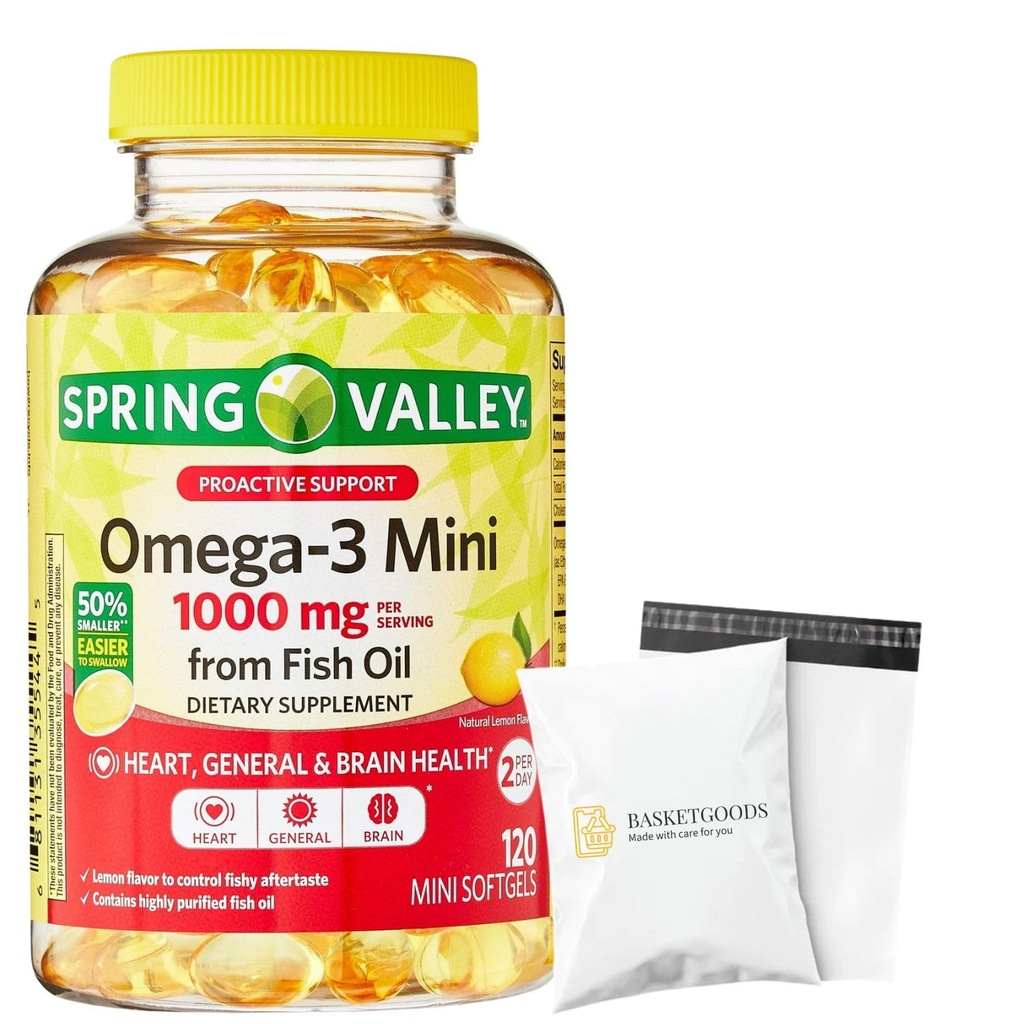Spring Valley Omega-3 Mini from Fish Oil 1000 mg, 120 Count, Dietary Supplement, Omega 3 Mini Softgels Set with Basket Goods Store