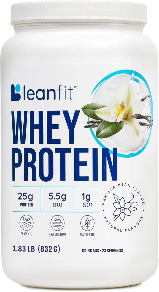 Πρωτεΐνη LeanFit WHEY Φυσική Βανίλια – 100% Whey Protein Powder, 24g Protein Per Serving – Grass-Fed, Gluten-free, Low Carb, BCAAs, Amino Acid – 23 Servings, 1,83 Pound Tub