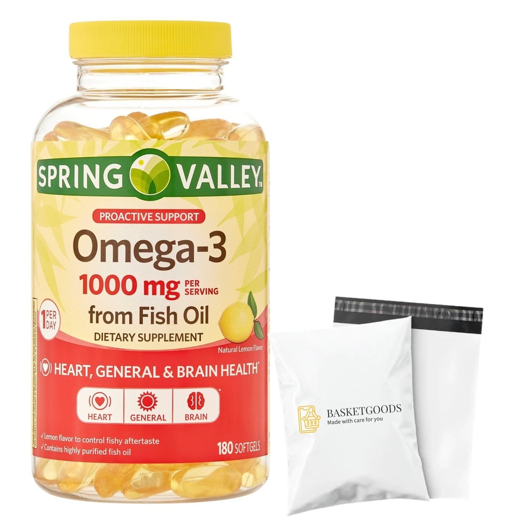 Spring Valley Omega-3 Fish Oil Soft Gels, 1000 mg, 180 Count, Dietary Supplement, Omega-3 Fatty Acids - Set by Basket Goods