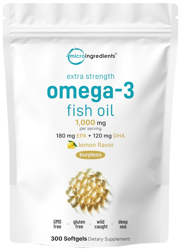 Micro Ingredients Extra Strength Omega 3 Fish Oil Supplements 1,000mg Per Serving, 300 Softgels | Lemon Flavored | Burpless | EPA 180mg + DHA 120mg | Deep Sea Fish