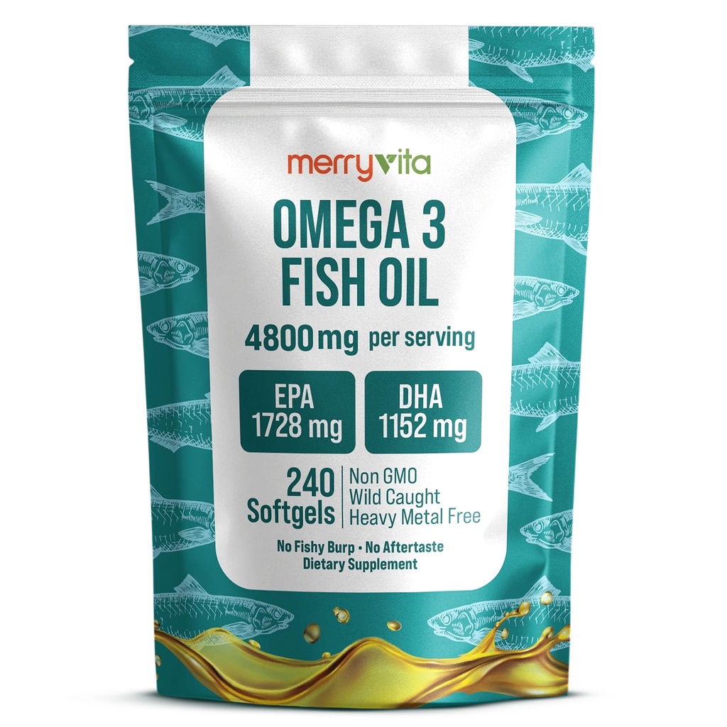 Omega 3 Fish Oil 4800 mg – EPA 1728 mg | DHA 1152 mg from Wild-Caught Anchovies – Burpless Mini Softgels – Pure Omega-3 Fatty Acid Supplement – Non-GMO, Gluten-Free, No Aftertaste – 240 Capsules