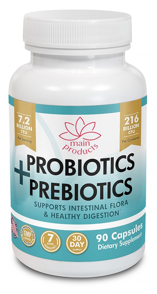 Probiotics and Prebiotics 216 Billion CFU per Container and 7.2 Billion per Serving, 7 Active Ingredients, for Men and Women, 90 Capsules