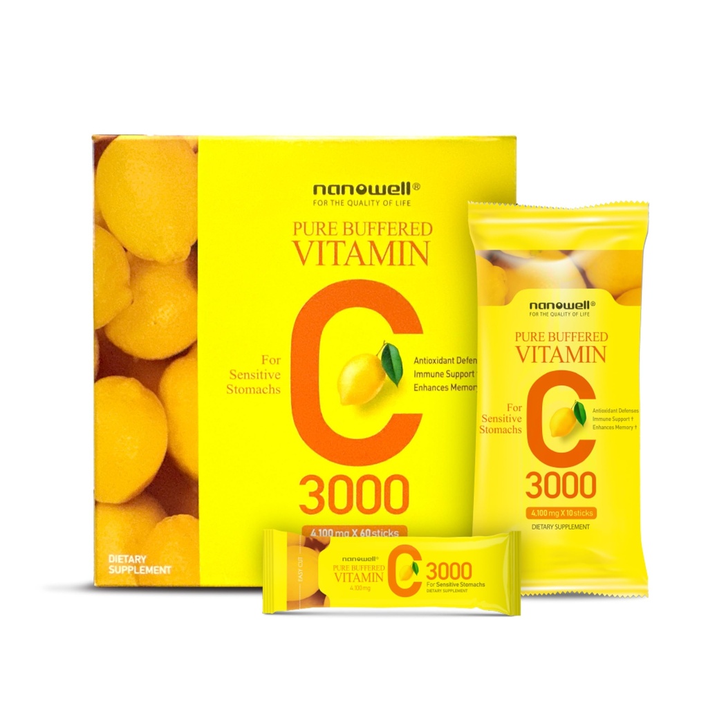 NANOWELL Pure Buffered Vitamin C 3000 mg ανά Σερβίρισμα, Συμπλήρωμα διατροφής για την υποστήριξη του ανοσοποιητικού - 60 Sticks x 1 Κουτί, 2 Μήνες Προσφορά (60 Count)