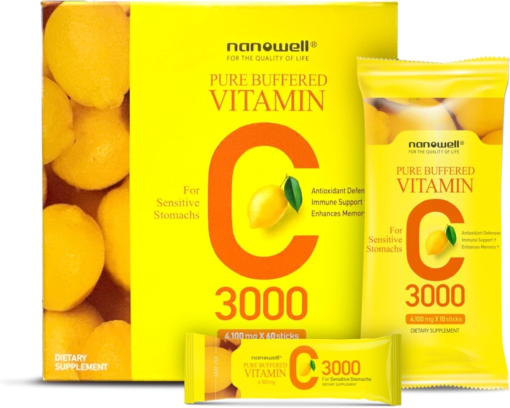 NANOWELL Pure Buffered Vitamin C 3000 mg ανά Σερβίρισμα, Συμπλήρωμα διατροφής για την υποστήριξη του ανοσοποιητικού - 60 Sticks x 1 Κουτί, 2 Μήνες Προσφορά (60 Count)