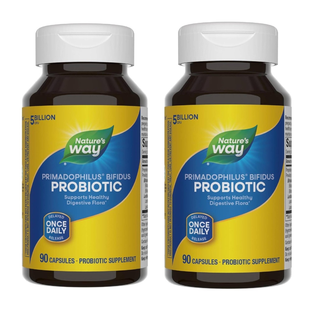 Nature's Way Primadophilus Bifidus Probiotic, Supports Digestive Flora*, 5 Billion Live Probiotic Cultures per Capsule, Lactobacilli, Bifidobacteria, 90 Caps (Packing May Vary) - 2 Pack