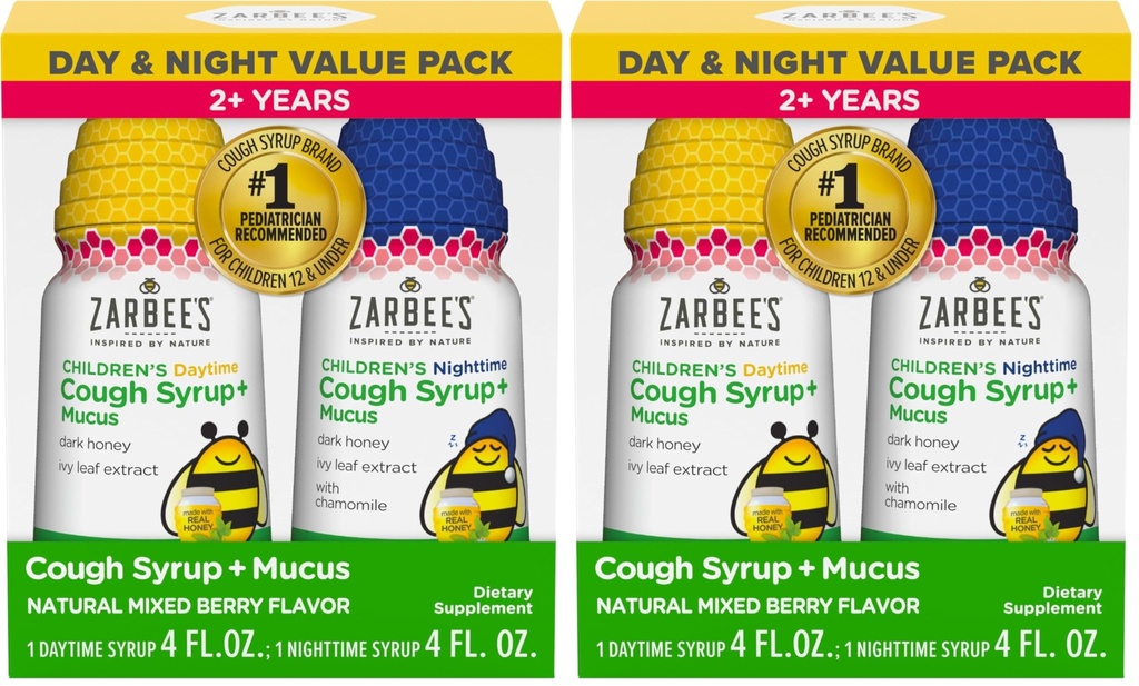 Zarbee's Children's Honey Cough Syrup + Mucus Day & Night Value Pack, Daytime & Nighttime Toddler Cough Syrup,Dark Honey, Ivy Leaf Extract, Chamomile,Mixed Berry Flavor,4 Fl Oz,(Pack of 4)
