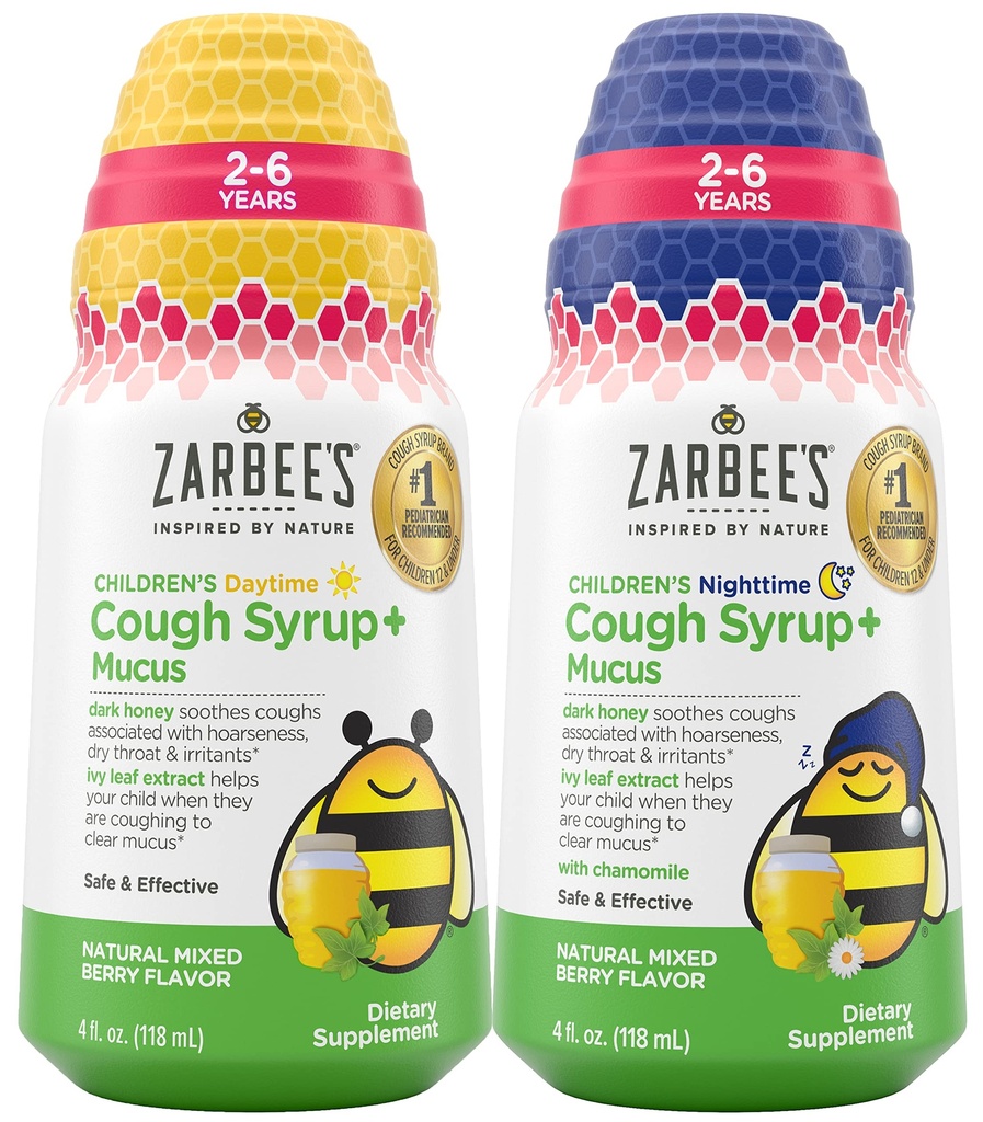 Bundle of Zarbee's Kids Cough + Mucus Daytime and Nighttime for Children 2-6 with Dark Honey, Ivy Leaf, Zinc & Elderberry, 1 Παιδιατρικός Συνιστάται, Drug & Alcohol-Free, Mixed Berry Flavor, 4FL Oz