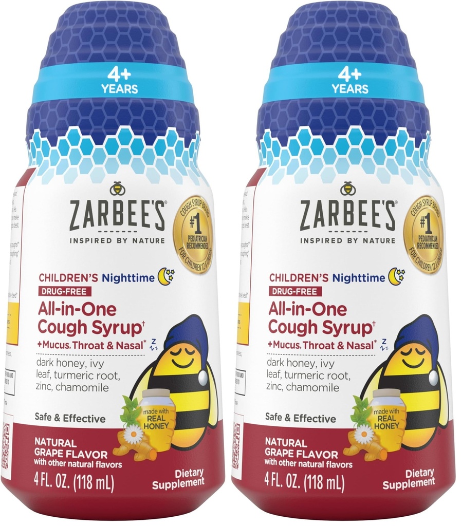 Zarbee's Kids All-in-One Nighttime Cough for Children 6-12 with Dark Honey, Turmeric, B-Vitamins & Zinc, 1 Pediatrician Recommended, Drug & Alcohol-Free, Grape Flavor, 4FL Oz (Pack of 2)