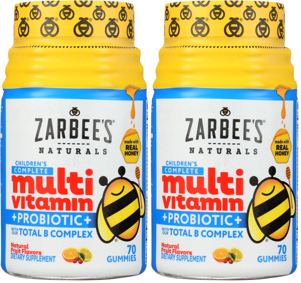 Zarbee's Kid's Complete Multivitamin + Probiotic Gummies with Vitamins A B C D E & zinc for Digestive Health Easy to Chew Kids Daily Multivitamin Gummies Natural Fruit,70 Count (Pack of 2)