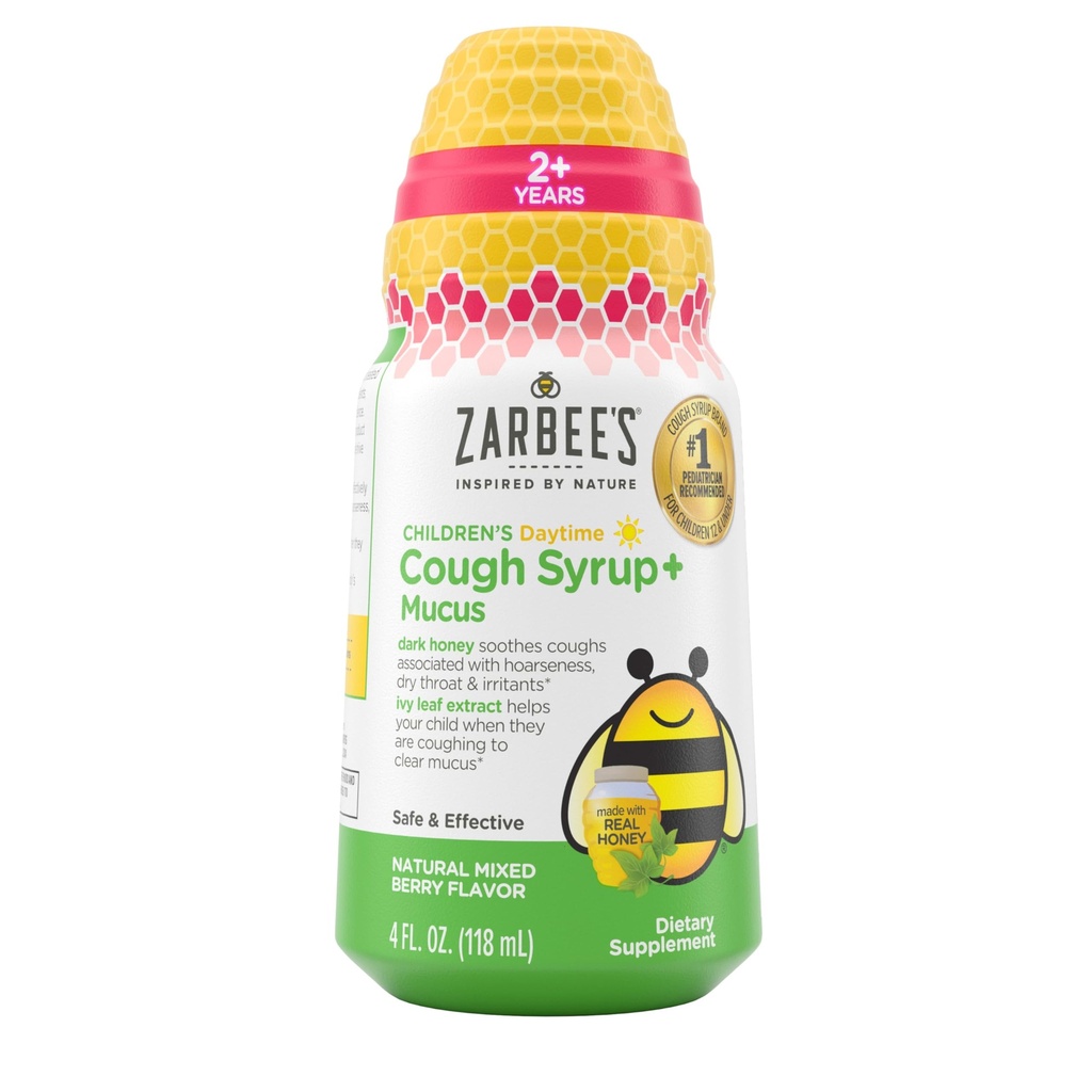 Zarbee's Children's Honey Cough Syrup + Mucus Daytime for Kids 2+ + Dark Honey, Ivy Leaf, Zinc & Elderberry, #1 Pediatrician Recommended, Drug & Alcohol-Free, Mixed Berry Flavor, 4 fl. oz