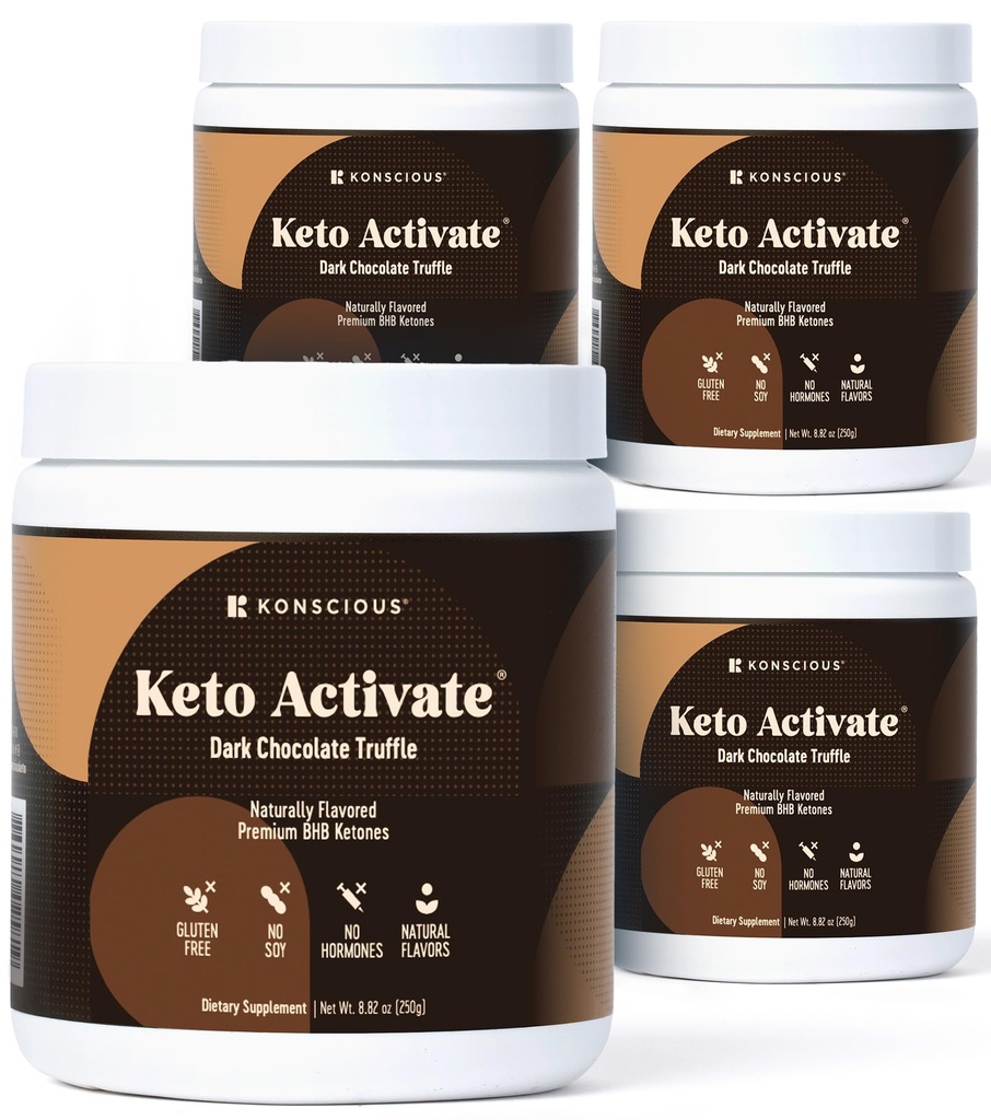 Keto Activate Dark Chocolate Truffle Exogenous Ketones Drink 4 Pack: Pure Keto Shake Powder with Chocolate Ketones | Jumpstart Ketosis & Boost Energy with Natural Ketones Supplements by Konscious Keto