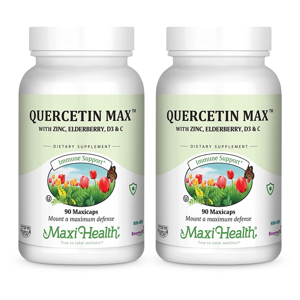 Maxi Health Quercetin 500mg Κάψουλες – Συμπληρώματα ψευδαργύρου για γυναίκες και άνδρες – Μη ΓΤΟ, Kosher, και χωρίς γλουτένη Quercetin Συμπληρώματα με Elderberry βιταμίνη C και ψευδάργυρο (90 Veg κάψουλες, συσκευασία των 2)