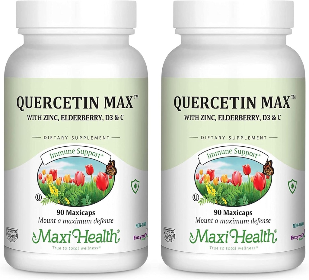 Maxi Health Quercetin 500mg Κάψουλες – Συμπληρώματα ψευδαργύρου για γυναίκες και άνδρες – Μη ΓΤΟ, Kosher, και χωρίς γλουτένη Quercetin Συμπληρώματα με Elderberry βιταμίνη C και ψευδάργυρο (90 Veg κάψουλες, συσκευασία των 2)