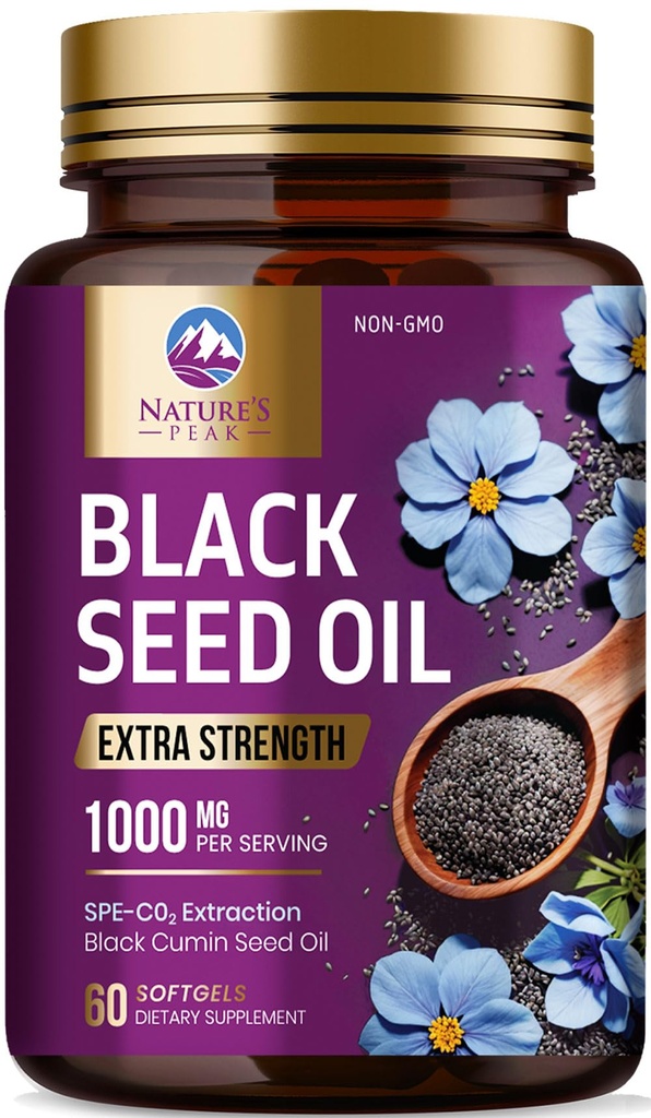 Black Cumin Seed Oil 1000mg Per Serving - Premium Extra Strength Nigella Sativa Blackseed Oil - Black Seed Oil Skin, Digestive Health & Immune Support - Non-GMO, Antioxidant Supplement - 60 Softgels