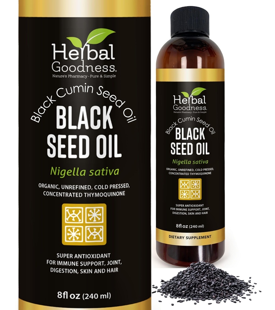 Black Seed Oil - Organic Cold Pressed Nigella Sativa, Black Cumin Seed Oil with Thymoquinone, Blackseed Liquid for Health, Hair Growth & Skincare 8 fl. oz | Herbal Goodness