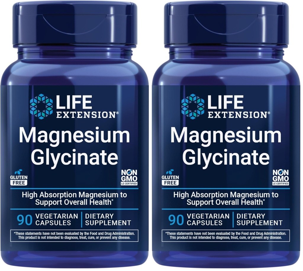 Life Extension Magnesium Glycinate, Heart Health, Bone Health, Nerve and Muscle Support, Highly absorbable, Gluten-Free, Non-GMO, Vegetarian, 90 Capsules (Pack of 2)
