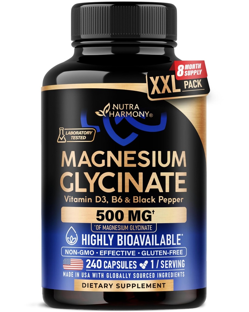 Magnesium Glycinate 500 mg - Chelated Supplement - High Absorption Form of Magnesium - Support for Sleep, Muscle & Heart Health - Made in USA, Lab Tested & Non-GMO - 240 Capsules