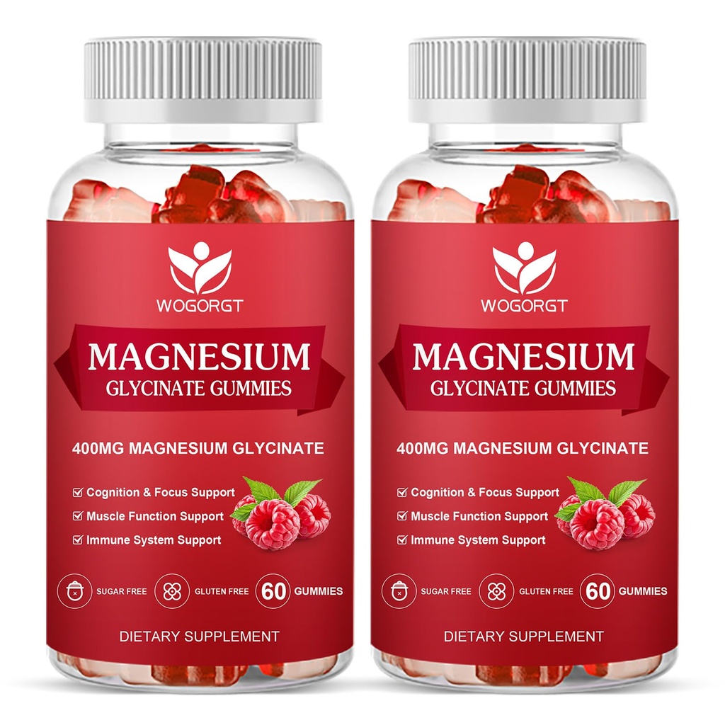 Magnesium Glycinate Gummies - 400mg Magnesium Glycinate Gummy with Vitamin D, B6, and CoQ10, Magnesium Supplement for Relaxation and Cognition, Sugar Free - 60 Raspberry Gummies (2 Pack)