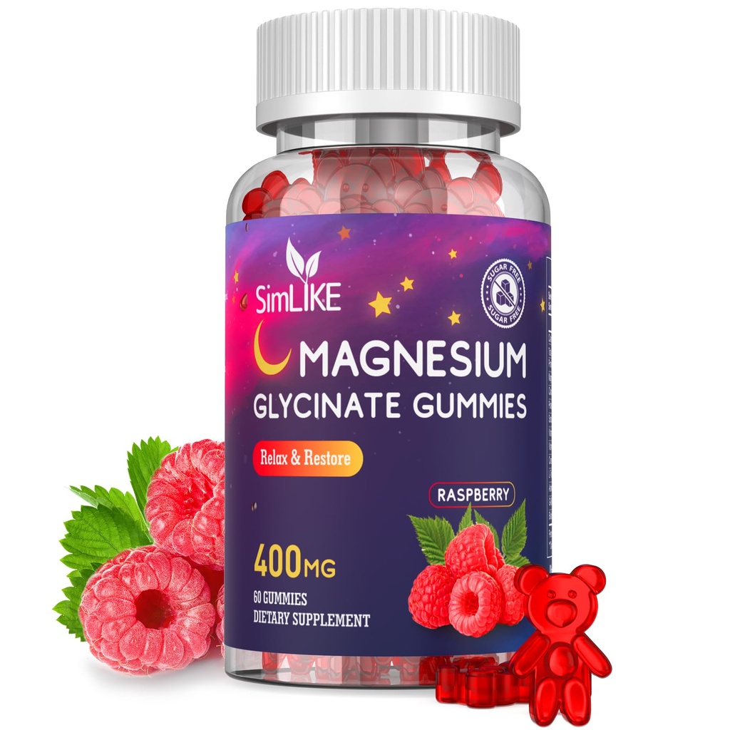 Magnesium Glycinate Gummies 400mg, High Absorption Magnesium Gummies with L-Theanine, Ashwagandha & GABA for Relaxation, Stress Relief & Sleep, Sugar Free, Vegan, 60 Raspberry
