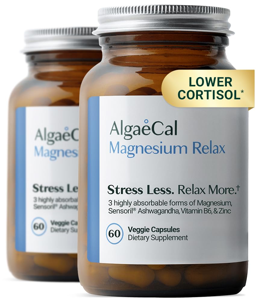 AlgaeCal Magnesium Relax™ – Chelated Magnesium Glycinate 350mg with Sensoril Ashwagandha, Magnesium Supplement for Sleep & Stress, Cortisol Reducer for Women & Men, 60 Capsules (2 Packs)