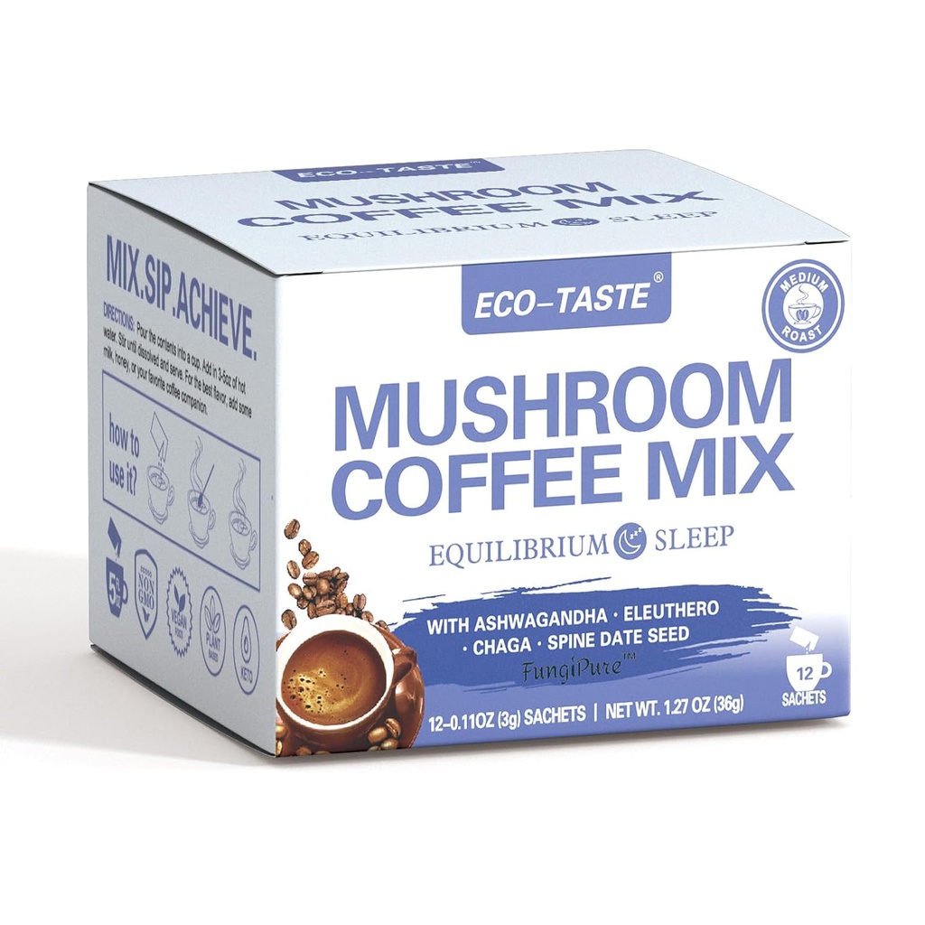 ECO-TASTE Mushroom Coffee Mix, Σχεδιασμένο για ισορροπία με Ashwagandha, Eleuthero, Chaga, Spine date seed – 12 Sachets