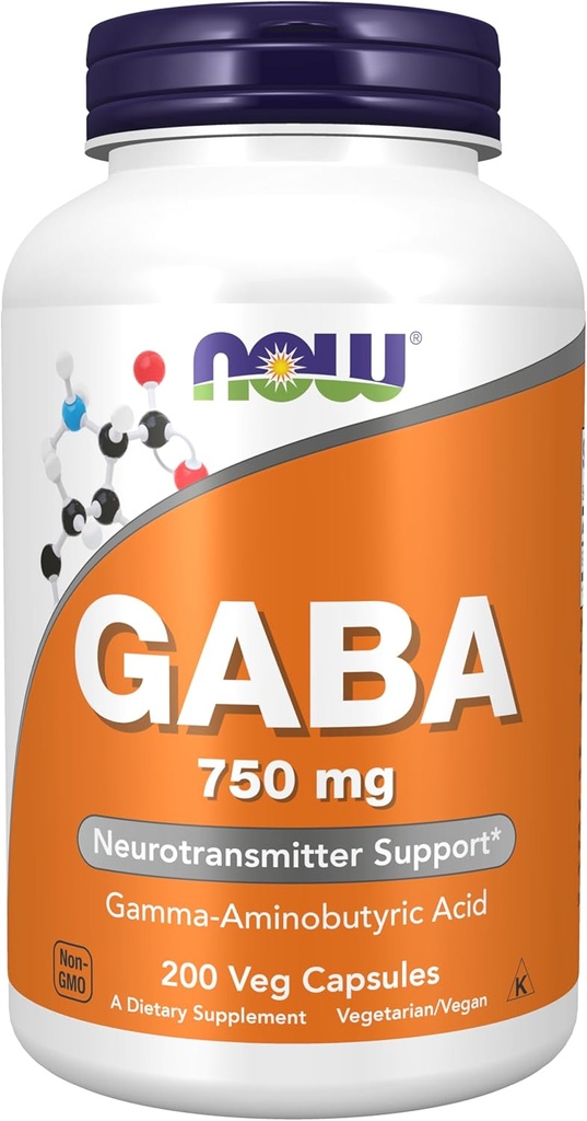 NOW Συμπληρώματα τροφίμων, GABA (Gamma-Aminobutyric Acid) 750mg, Νευροδιαβιβαστής Υποστήριξη *, 200 κάψουλες Veg