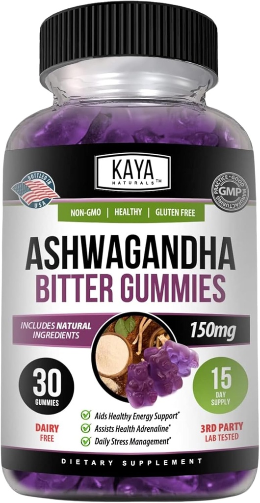 Kaya Naturals Ashwagandha Bitter Gummies - Φυσικό άγχος ανακούφιση, ενίσχυση της ενέργειας & ψυχική σαφήνεια, μη-GMO, χωρίς γλουτένη, μασώμενα Gummies - 30 κόμης