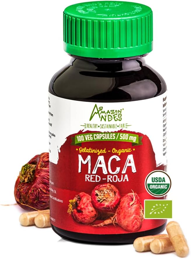 Andes Red maca Root Capses - Γυναικείο συμπλήρωμα υγείας - Φυσικό Energizer - USDA NOP Certified - Γενιταλιωμένο, Μη ΓΤΟ & Χωρίς γλουτένη - 100 Vegan χάπια (1500mg ανά υπηρεσία) - Κατασκευασμένο στο Περού