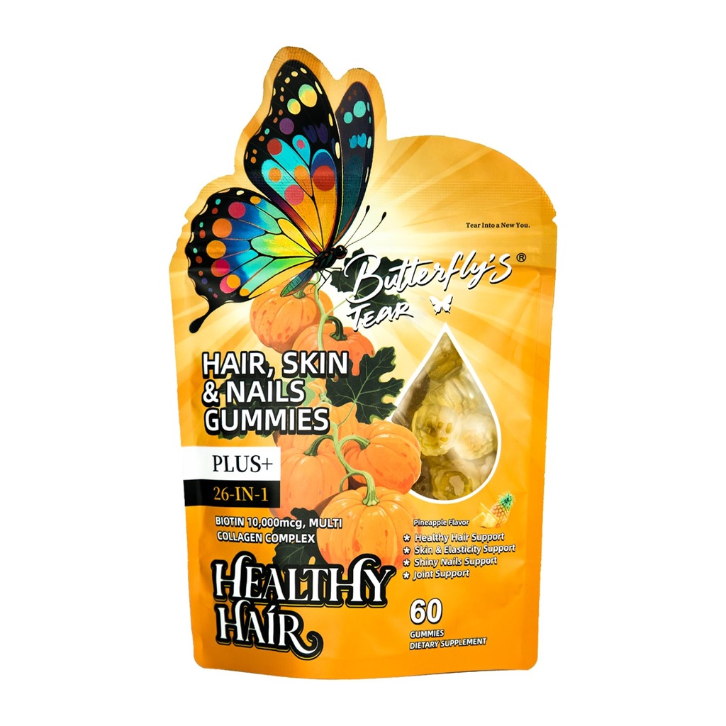 BUTTERFLY'S TEAR Hair Skin & Nails Gummies with Biotin 10000 mcg, Collagen Complex, Supports Healthy Hair，Hair Growth Support for Men & Women & Healthy Skin, Stronger Shiny Nails, (60 Count)