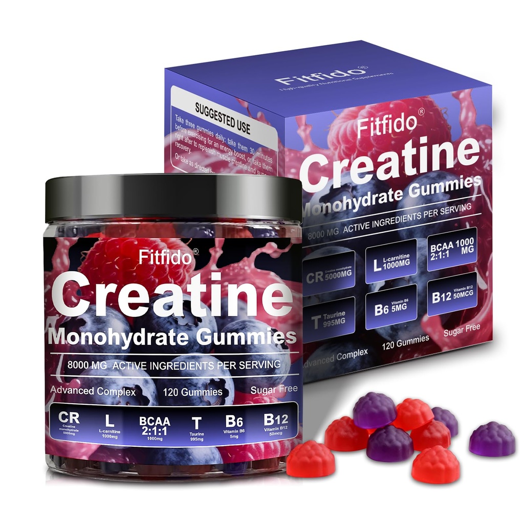 Creatine Monohydrate Gummies Complex 8000mg για άνδρες και γυναίκες, που περιέχουν L-καρνιτίνη & Ταυρίνη, Build Μύες, Ενισχύστε την ενέργεια, ταχύτερη ανάκτηση, ζάχαρη δωρεάν & Vegan, βατόμουρο & Blackberry, 120 Count