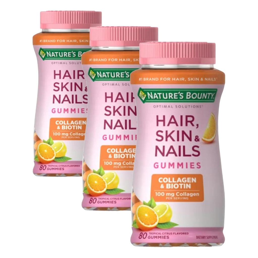 Nature's Bounty Optimal Solutions Hair, Skin & Nails with Biotin and Collagen, Citrus-Flavored Gummies Vitamin Supplement, 2500 mcg, 80 Ct, 40 Total Servings (Pack of 3)