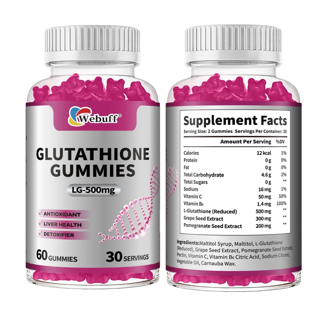 Glutathione Gummies with Collagen 500mg Vitamin C & B6 Skin Glow Hair & Nail Support Anti-Aging Antioxidant Sugar-Free Non-GMO Strawberry Flavor 60 Gummies (60 Count (Pack of 2))