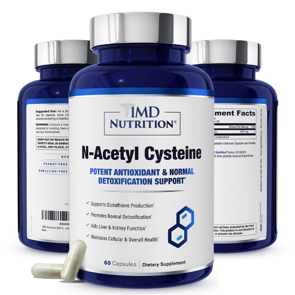 1MD Nutrition NAC Supplement N-Acetyl Cysteine - NAC 600 mg - Antioxidant Supports Detox and Glutathione Production - N Acetylcysteine Respiratory Supplement for Lung Health - 60 Capsules