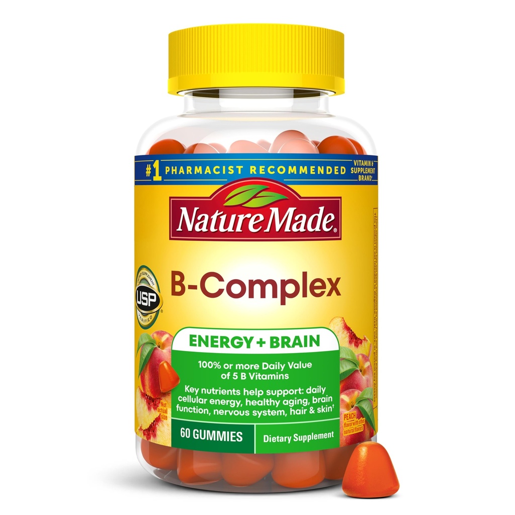 Nature Made Vitamin B Complex Gummies, 5 B Vitamins for Energy and Brain Support, 60 Pectin Based Gummies, 60 Day Supply