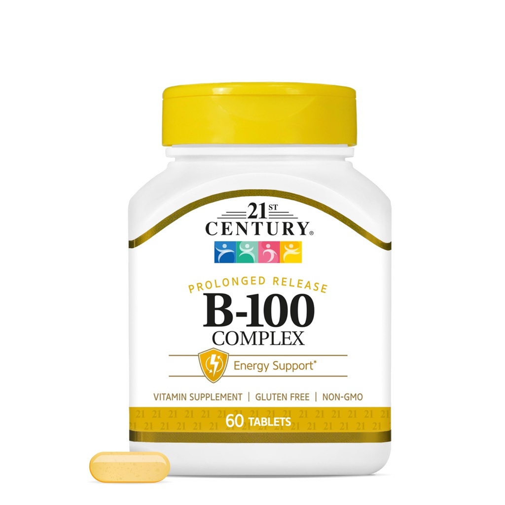 21st Century B- 100 Complex Prodonged Release Tablets, 60 Count (Pack of 1), High Potency Vitamin B Complex για το νευρικό σύστημα, την ενεργειακή υποστήριξη, περιλαμβάνει βιταμίνη Β1, Β2, Β6, Βιοτίνη & Ασβέστιο