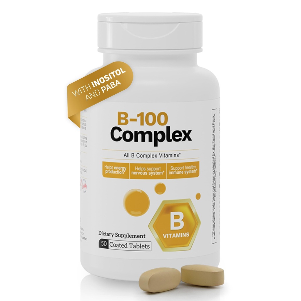 B-100 Complex Vitamins – High Potency B-Complex with B1 B2 B3 B6 B12, Biotin & Folate – Energy Metabolism & Nervous System Support – 50 Tablets – Non-GMO, Gluten-Free