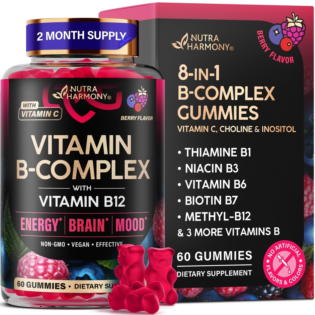 Βιταμίνη B-Complex Gummies για γυναίκες & άνδρες - Βιταμίνη B12, B1, B2, B3, B5, B6, B7 & B9 - B Complex with Vitamin C & Choline - Ενέργεια, εγκέφαλος & Mood - Φυσικό άρωμα μούρου, Vegan - 60 Gummies για 2 μήνες