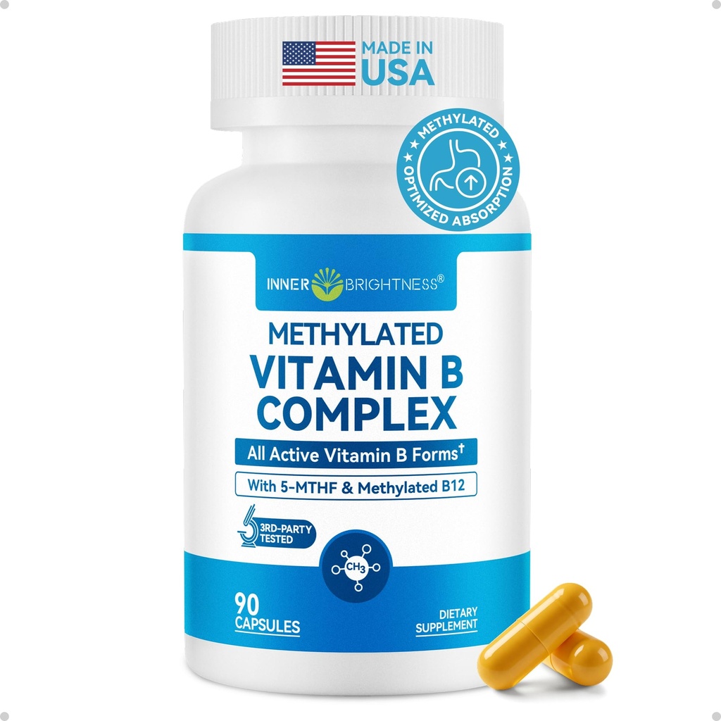 Εσωτερική Φωτεινότητα Vitamin B Complex - Πλήρως μεθυλιωμένο Ενεργό B12, B6, Φολικό - για την Ενέργεια, Εστίαση, Mood & Nerve Υγεία - Μη-GMO Vegan Gluten-Free με B1, B2, B3, B5, B7-90 Κάψουλες για 3 Μήνες