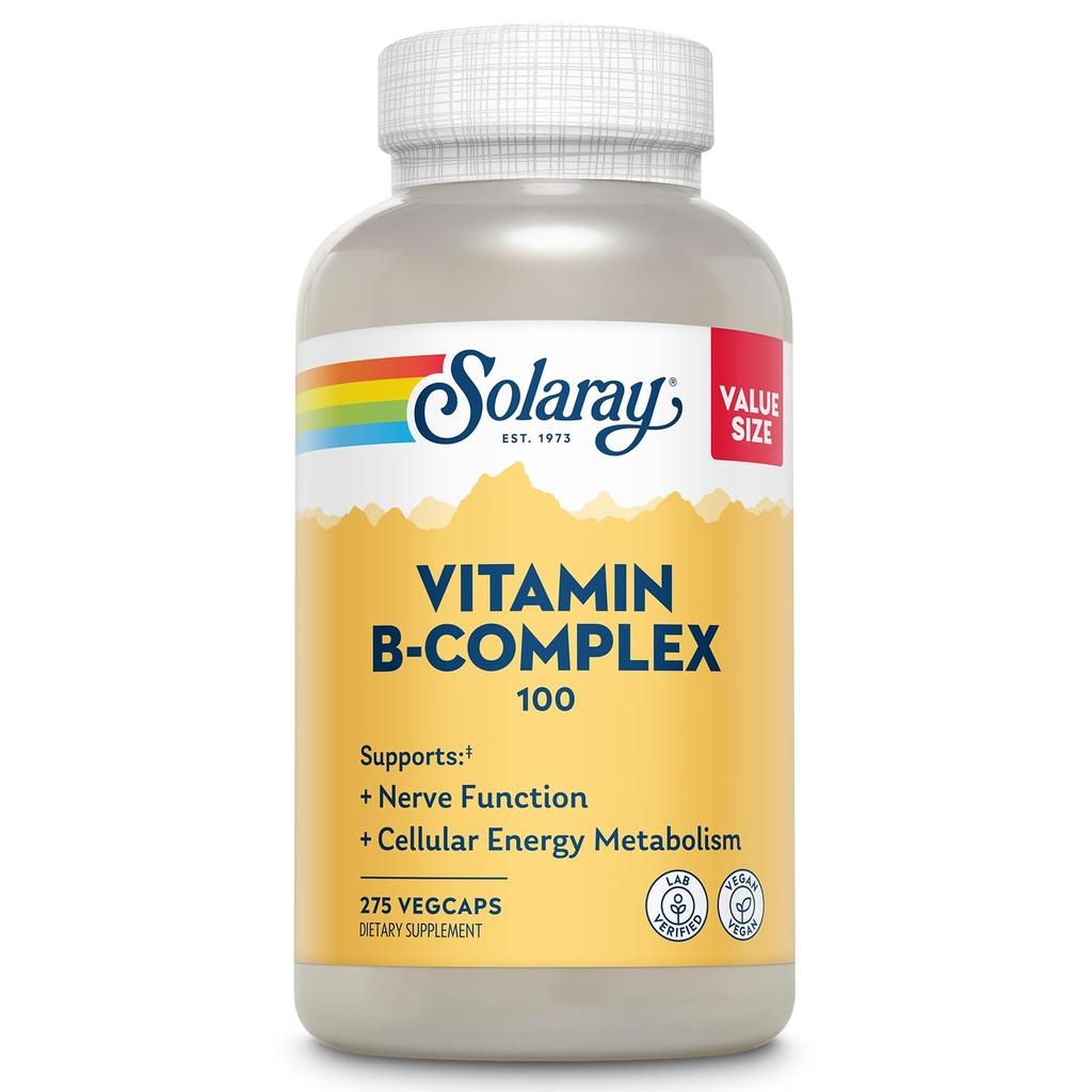 SOLARAY Vitamin B Complex 100mg - Cellular Energy, Nerve and Heart Health Support - Προμήθειες Όλα 8 B Complex Vitamins - Βιταμίνη B12, B1, B2, B3, B6, Νιασίνη, Φολικό οξύ και βιοτίνη - Vegan, 275 Υπηρεσίες