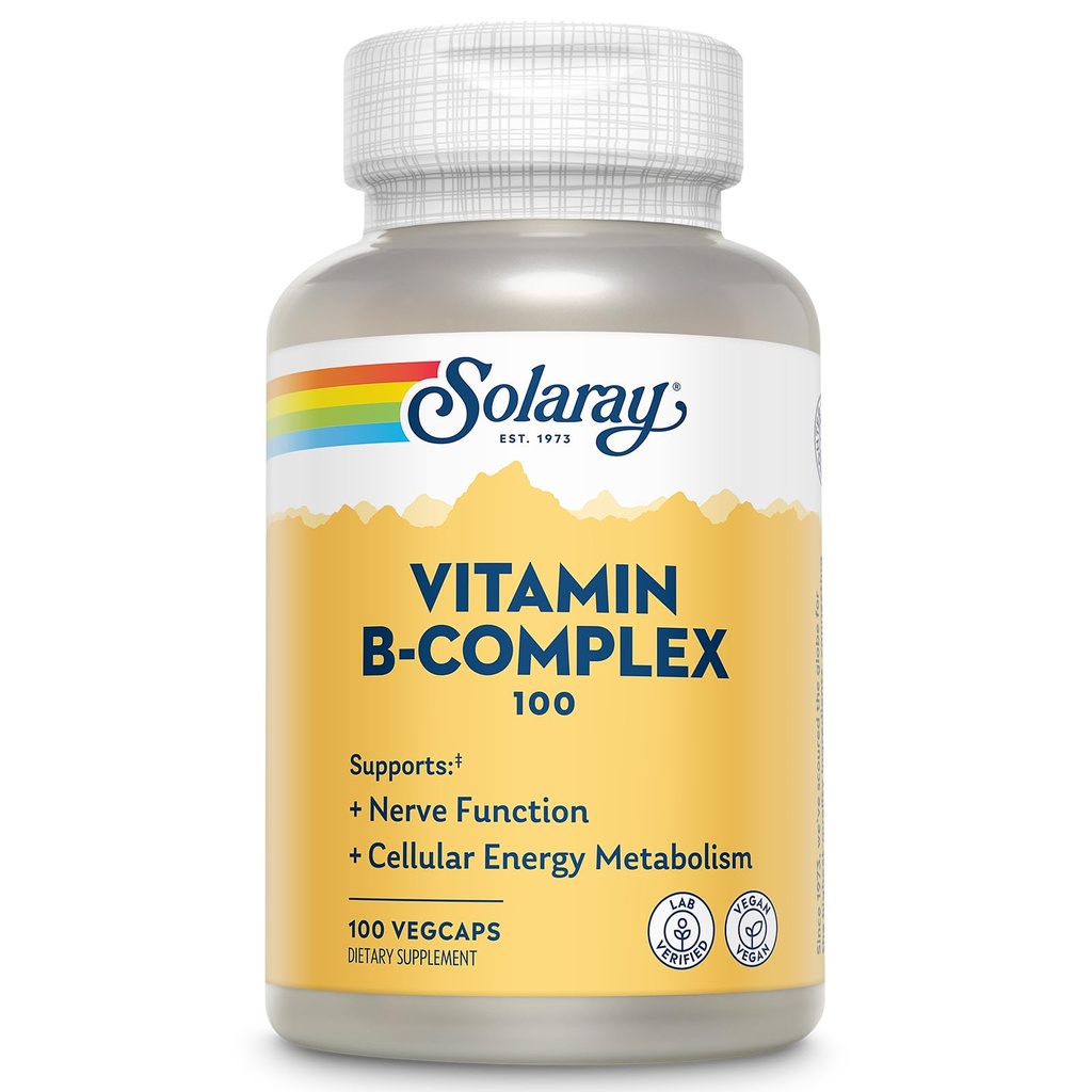 SOLARAY Vitamin B Complex 100mg - Cellular Energy, Nerve and Heart Health Support - Supplies All 8 B Complex Vitamins - Vitamin B12, B1, B2, B3, B6, Niacin, Folic Acid and Biotin - Vegan, 100 Servings
