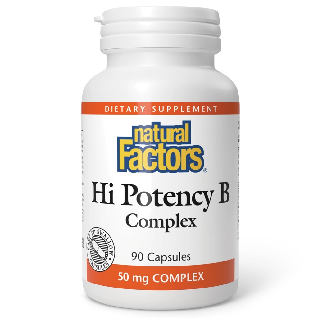 Natural Factors Hi Potency B Complex - Energy Support Supplement - Supports Healthy Metabolism - Essential B Vitamins for Nervous System & Cellular Health - 90 Capsules (90 Servings)