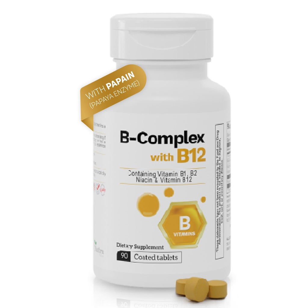 B Complex with Vitamin B12, Papaya Enzyme & Essential Nutrients – 90 Coated Tablets – Supports Energy, Metabolism, and Overall Wellness