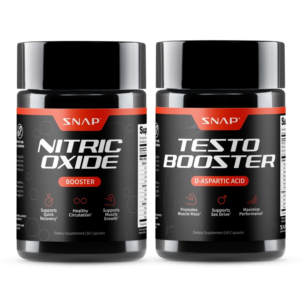 Snap Supplements Nitric Oxide Booster + Testo Booster Bundle for Men, 60 Vegetarian Capsules Each (1 Month Supply)