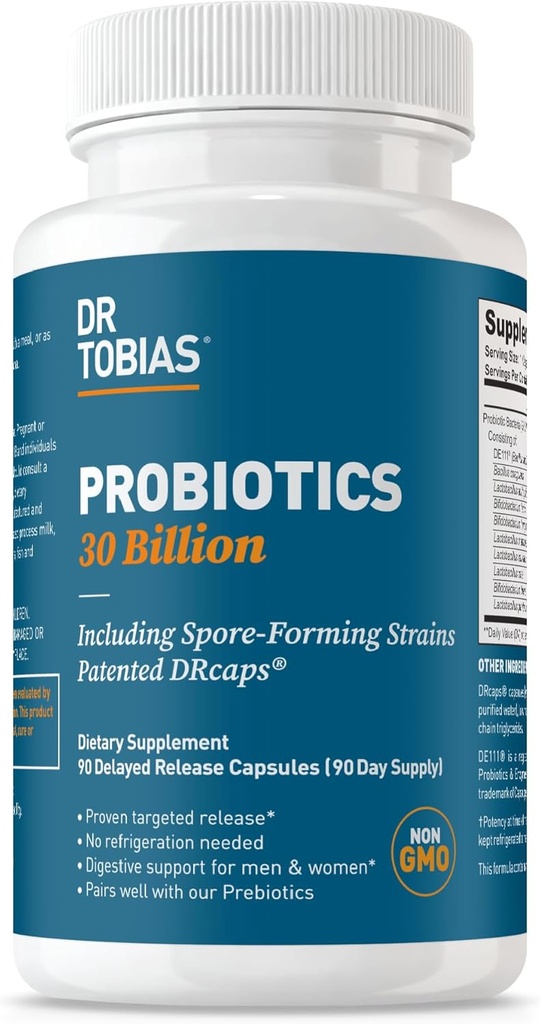 Dr. Tobias Probiotics 30 Billion, 10 Strains, 30 Billion CFU's, Στοχευμένη απελευθέρωση Probiotics για γυναίκες & άνδρες, Υποστηρίζει Digestive Υγεία, Ράφι-Stable, Μη-GMO, 90 κάψουλες, 90 Υπηρεσίες