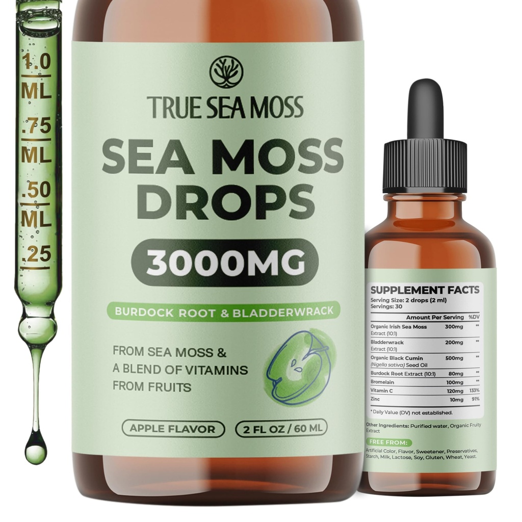 TrueSeaMoss 3000mg Ιρλανδικές θαλάσσιες σταγόνες Μος με Burdock Root & Bladderwrack για Digestive Σύστημα & την αποκατάσταση των μυών Υποστήριξη - 2 Fl Oz Apple NW1