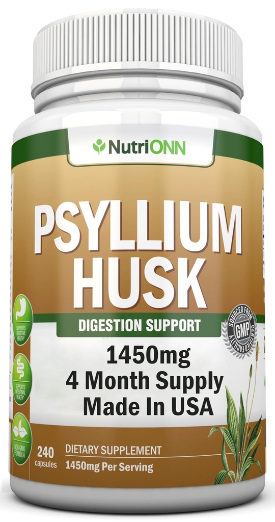 NutriONN PSYLLIUM Husk Capsules - 1450mg Per Serving - 240 Capsules - Double Strength - Premium Psyllium Fiber Supplement - Great for Digestion and Regularity - 100% Natural Soluble Fiber