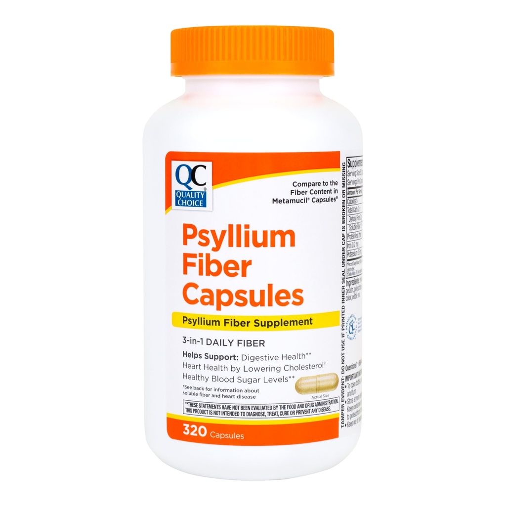 Quality Choice Psyllium Fiber Capsules, 1.8 Grams of 3 in 1 Soluble Fiber per Serving for Regularity. Plant Based Value Size Convenient Daily Supply, 320 Count.