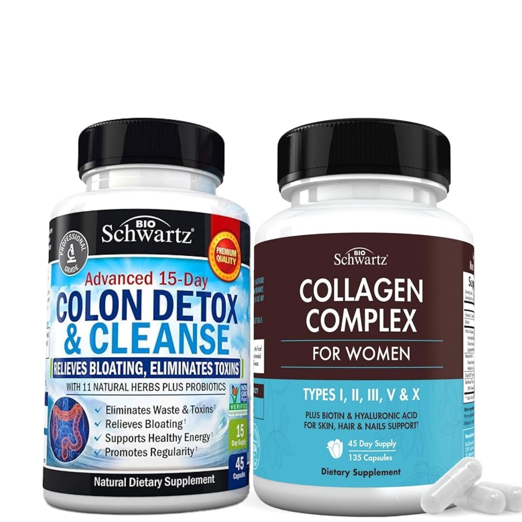 BioSchwartz 15 Ημέρα καθαρισμού για Colon και Gut Health Plus Υδρολυμένες κάψουλες κολλαγόνου Peptide (45 Ημέρα προσφοράς)