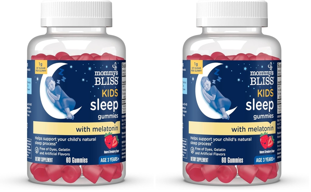 Mommy's Bliss Kids Sleep Melatonin Gummies, No Artificial Colors, Flavors or Gelatin, Strawberry Flavor, Age 3+, 60 Gummies (Packaging May Vary) (Pack of 2)