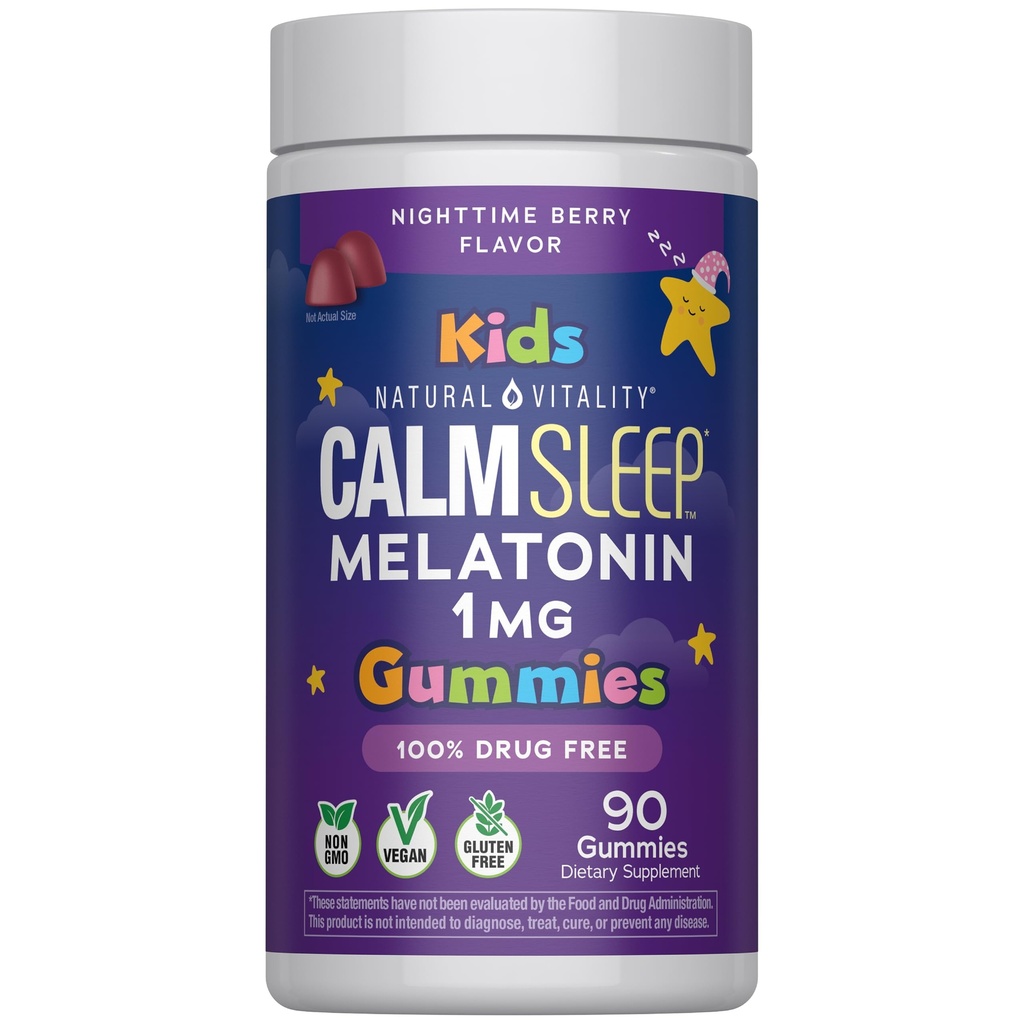 Natural Vitality Kids Calm Sleep Melatonin 1mg Gummies | Nighttime Cherry Flavor | 100% Drug Free | Non-GMO, Vegan & Gluten Free Supplement | 90 Count